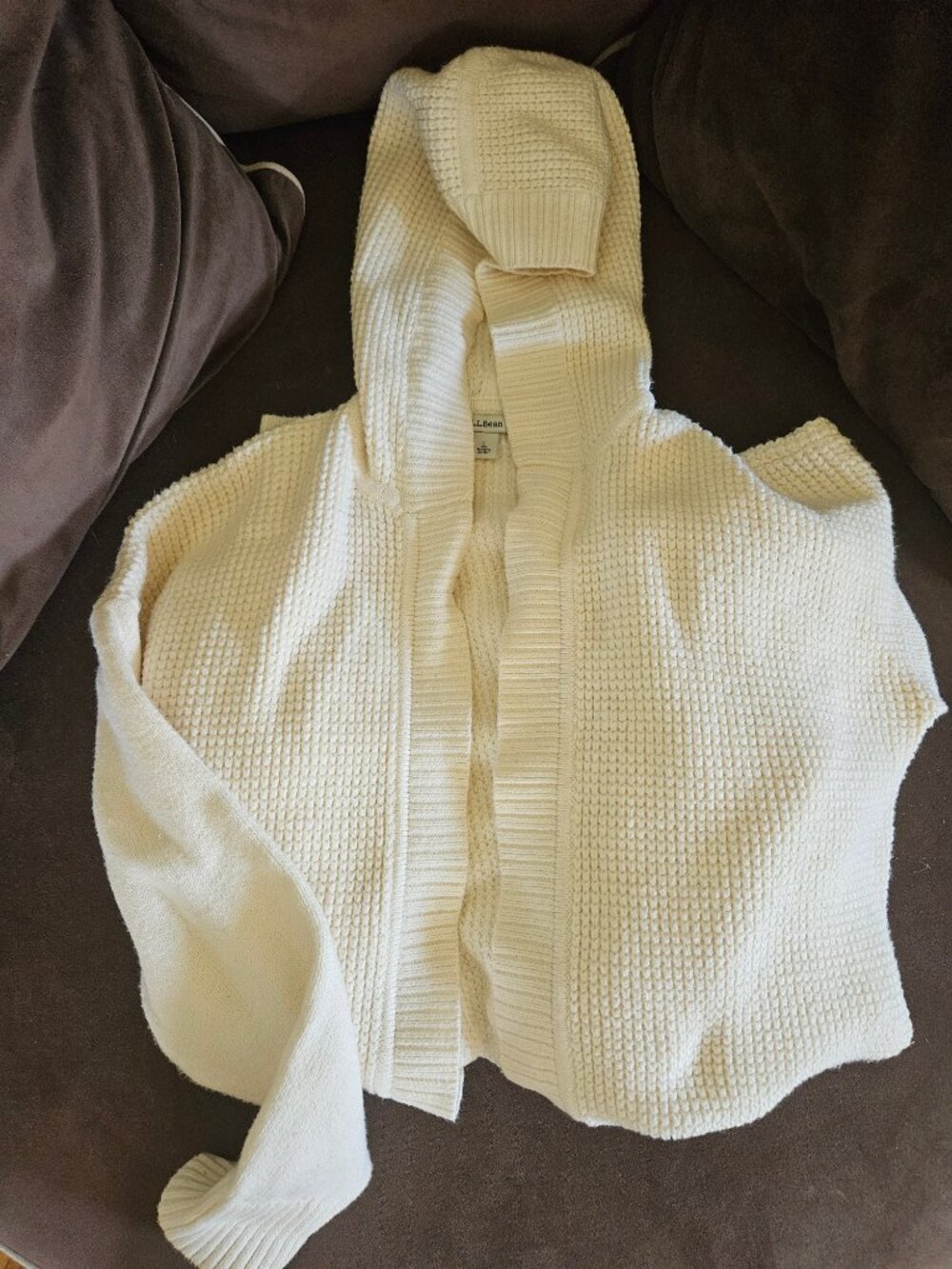 LL Bean Cream Knit Hooded Cardigan Sweater Belted Pockets Womens Large